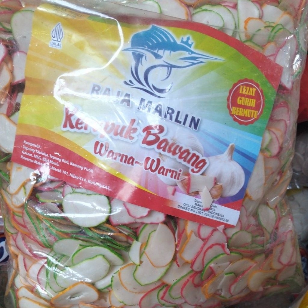

Kerupuk Bawang warna warni Raja Marlin 1 bal 5 kg