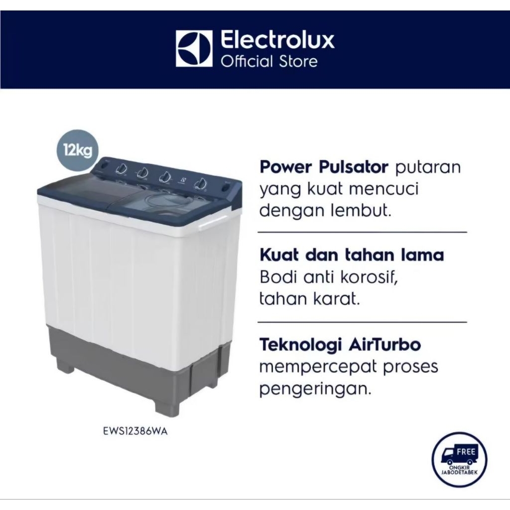 ELECTROLUX Mesin Cuci 2 Tabung Twin Tube Power Pulsator Air Turbo 12 Kg EWS12386WA / Twin Tub EWS103
