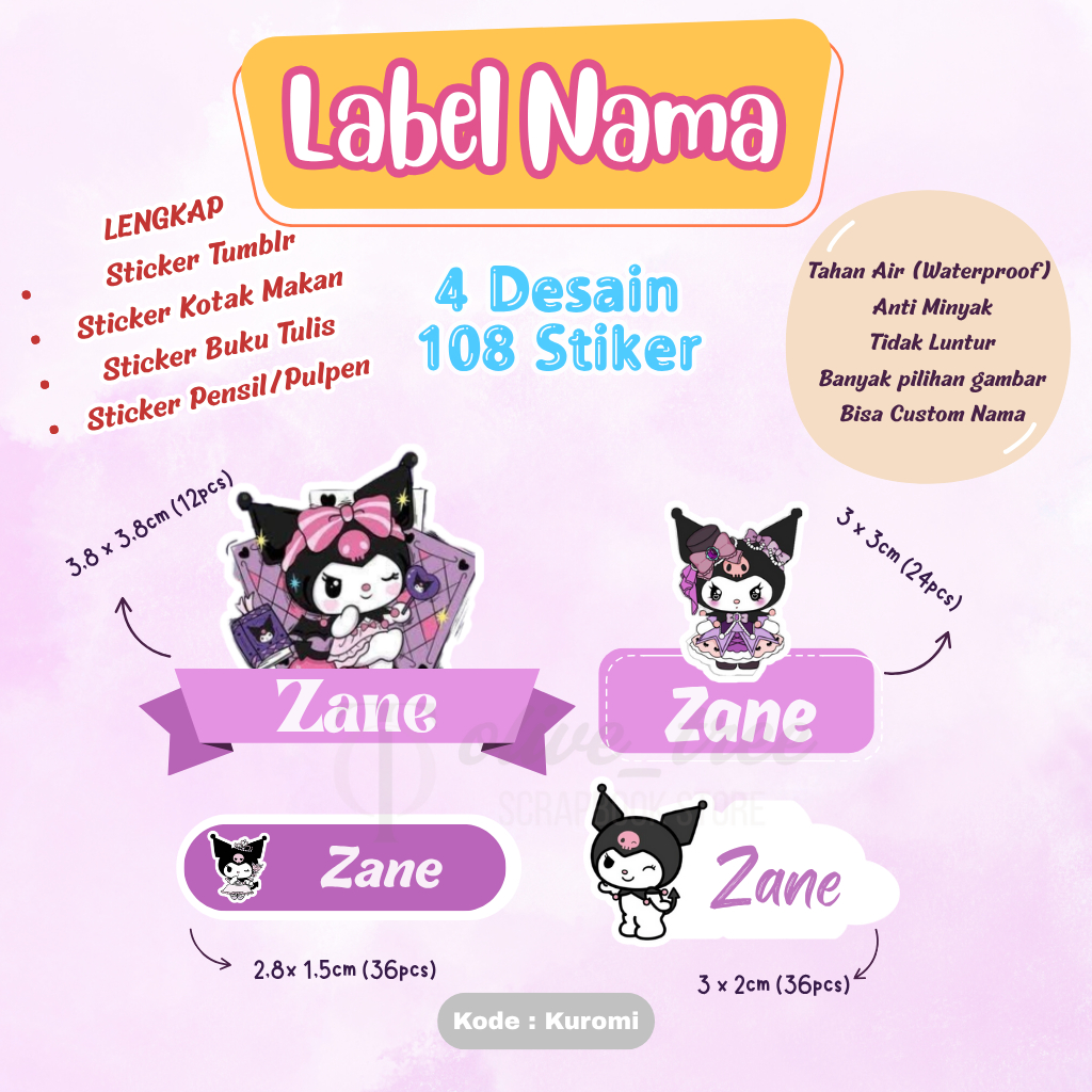 

(LENGKAP 108pcs) Stiker WATERPROOF Anak Nama Label Lucu Sudah Cutting Tinggal Tempel Laminasi Tumblr Botol Minum Kotak Makan Buku Pensil Perlengkapan Sekolah Waterproof Custom Murah Anti Air