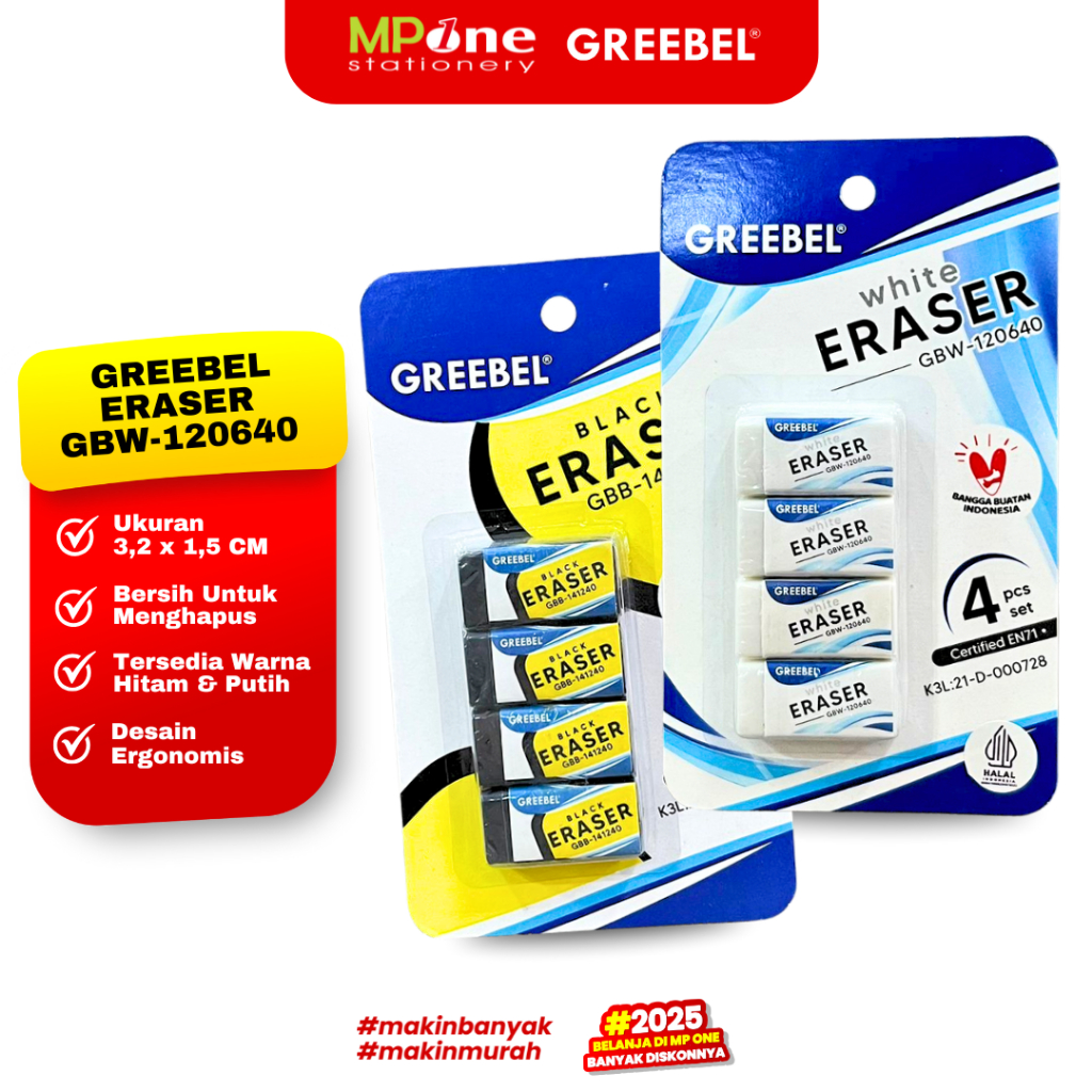 

(1 SHEET) Greebel Penghapus Kecil Isi @4PCS Warna Hitam, Putih GBW-120640 / Eraser Pencil GREEBEL