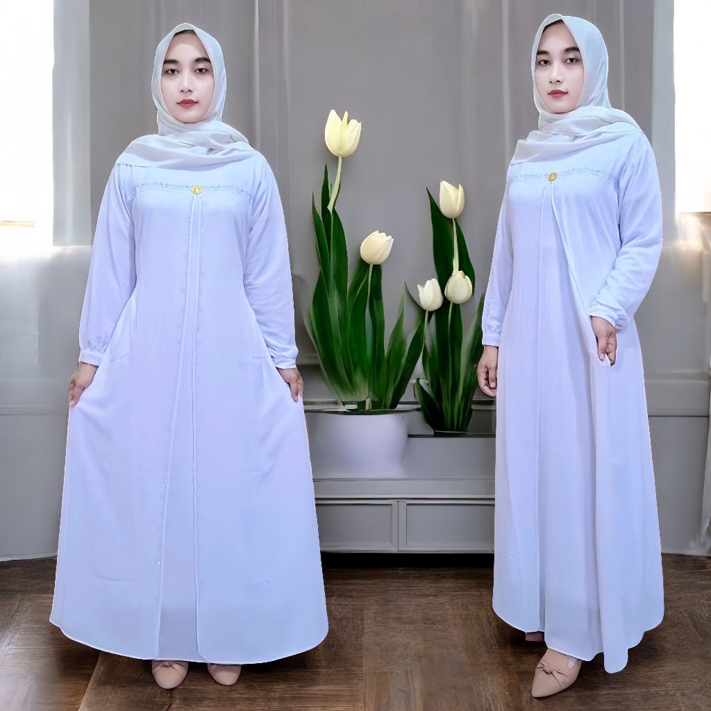 Gamis polos putih ceruty babydoll aplikasi payet