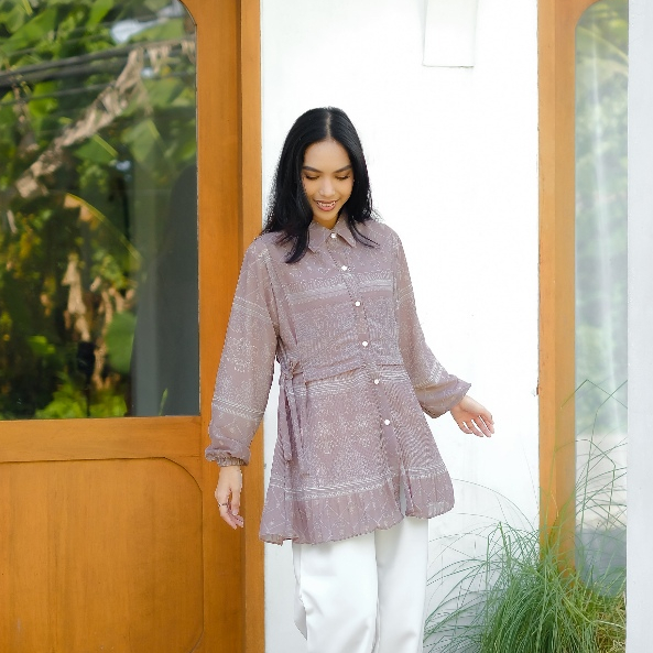 ANISA Pleates Blouse Atasan Wanita Ceruty Motif Plisket Flowy Full Furing Lengan Panjang