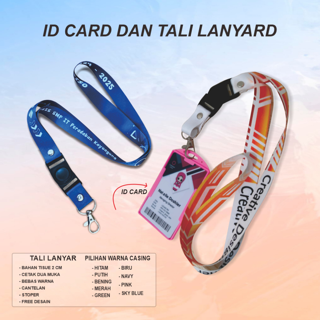

Lanyard Custom Cetak Tali Id Card Name Text Sablon Bahan Premium Full Color