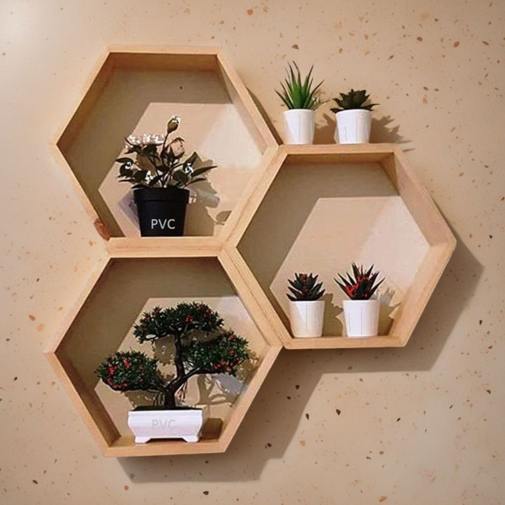 Rak Hexagonal Kayu Pajangan Hiasan Dinding Gantung Minimalis Kayu Dekorasi  Rak Dinding Hexagonal