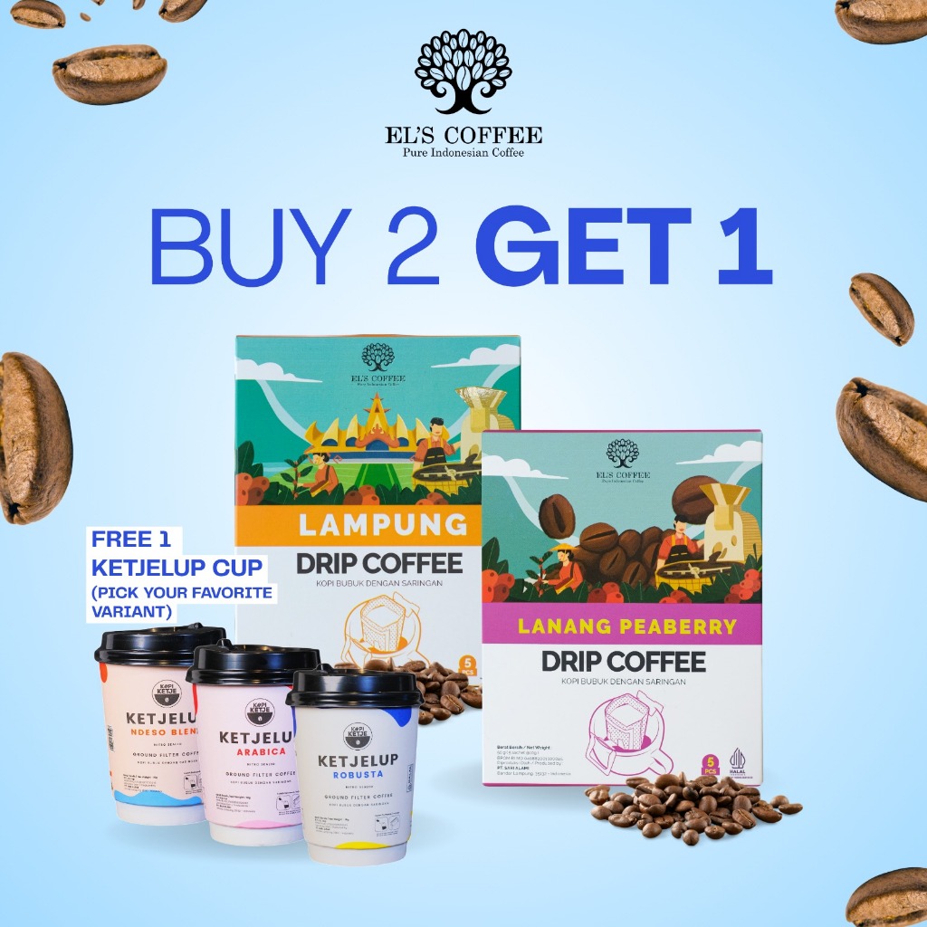 

Promo B2G1 El's Coffee Kopi Robusta Lampung Drip, Kopi Robusta Lanang Drip, Fre 1 kopi Celup ketjelup Cup