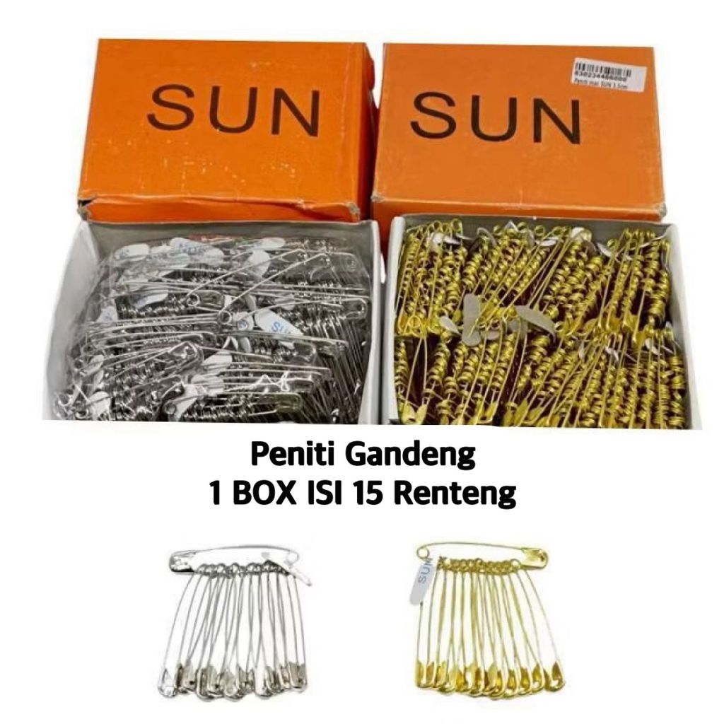 

1 BOX ISI 15 Renteng Peniti GANDENG SUN Warna Emas / Safety Pins / Peniti Jilbab