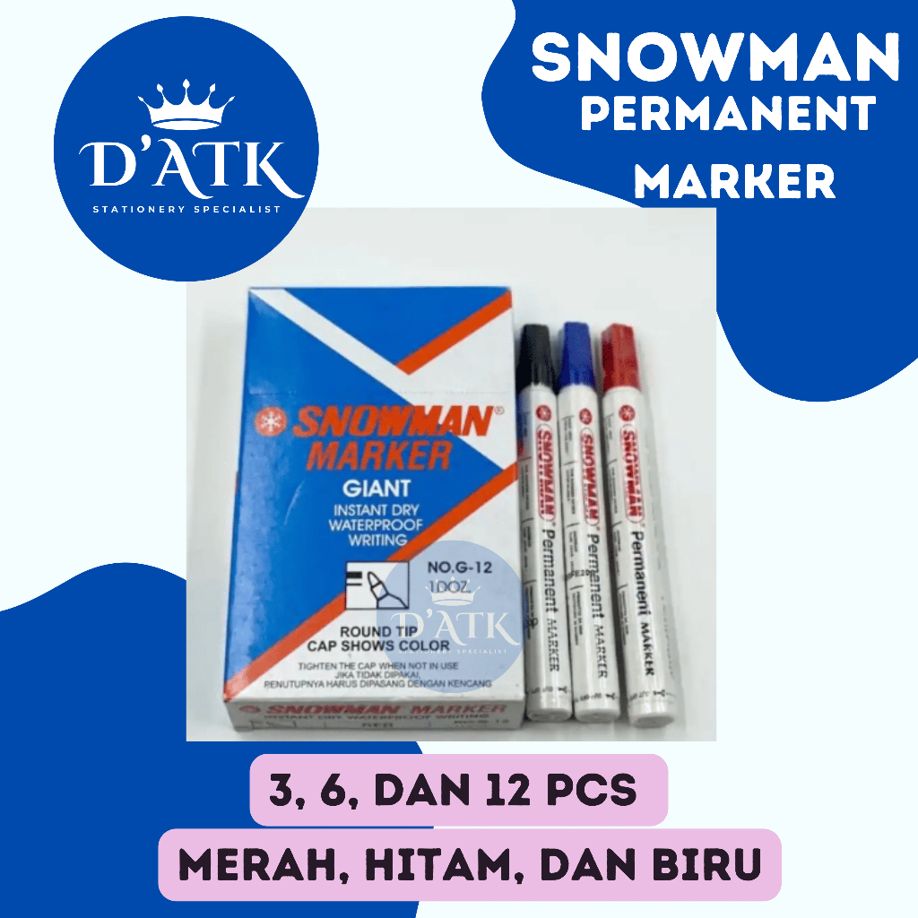 

SNOWMAN - Spidol Permanent Marker G-12 (12 PCS) Hitam, Biru, dan Merah