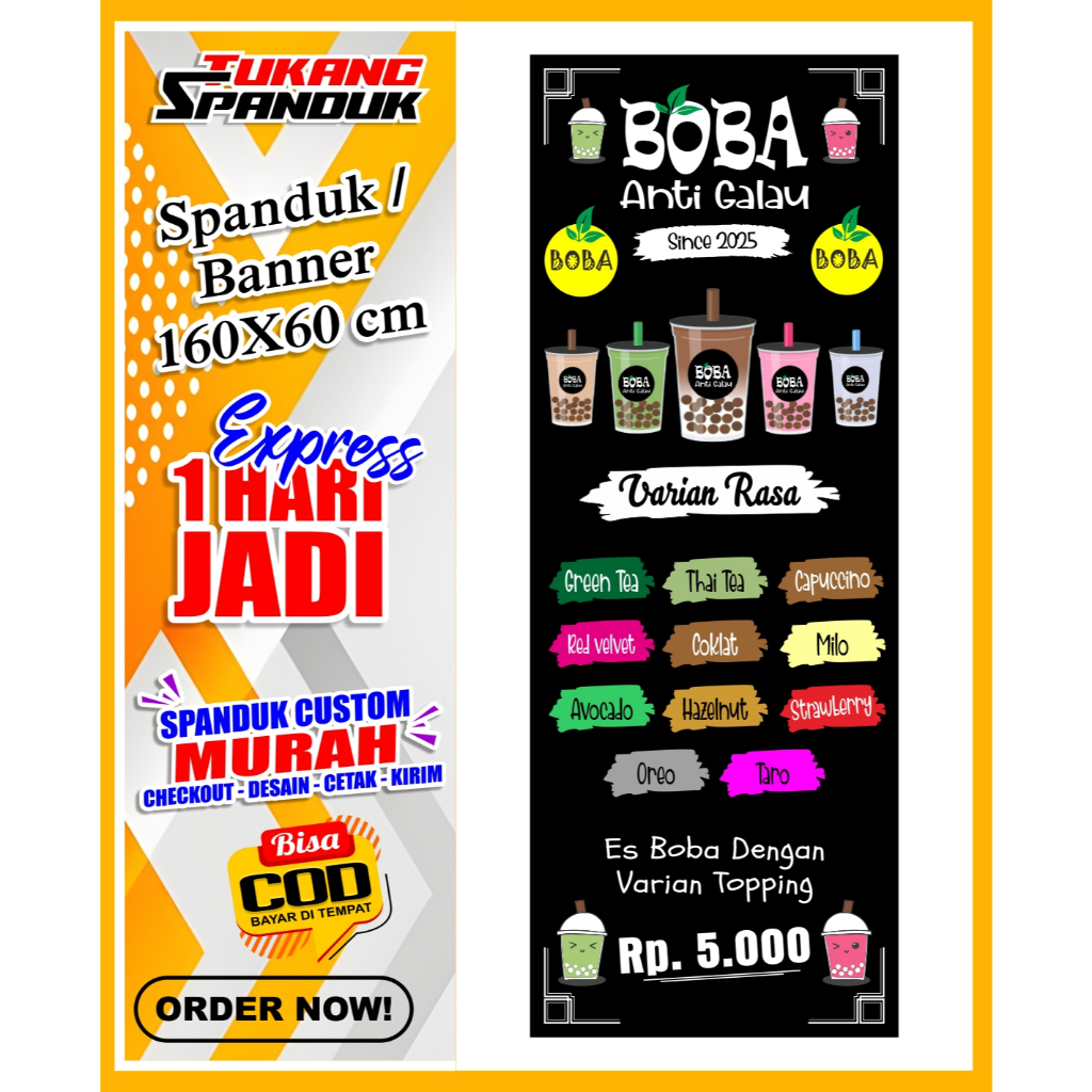 Banner ES BOBA SEGAR, Spanduk ES BOBA, ukuran 160x60 cm, COD / Banner ES BOBA SEGAR, Spanduk ES BOBA