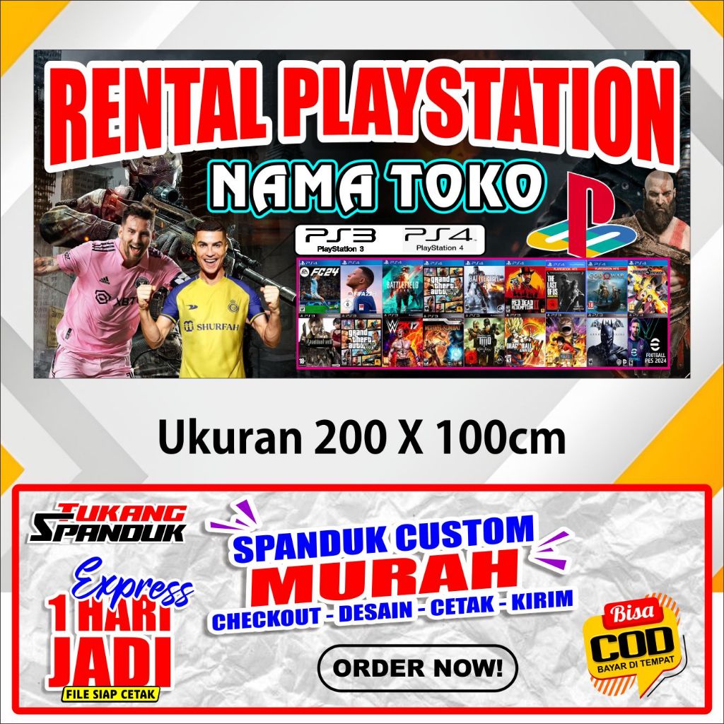 Banner RENTAL PLAYSTATION, SPANDUK RENTAL PS, ukuran 200x100 cm, COD / Banner RENTAL PLAYSTATION, SP
