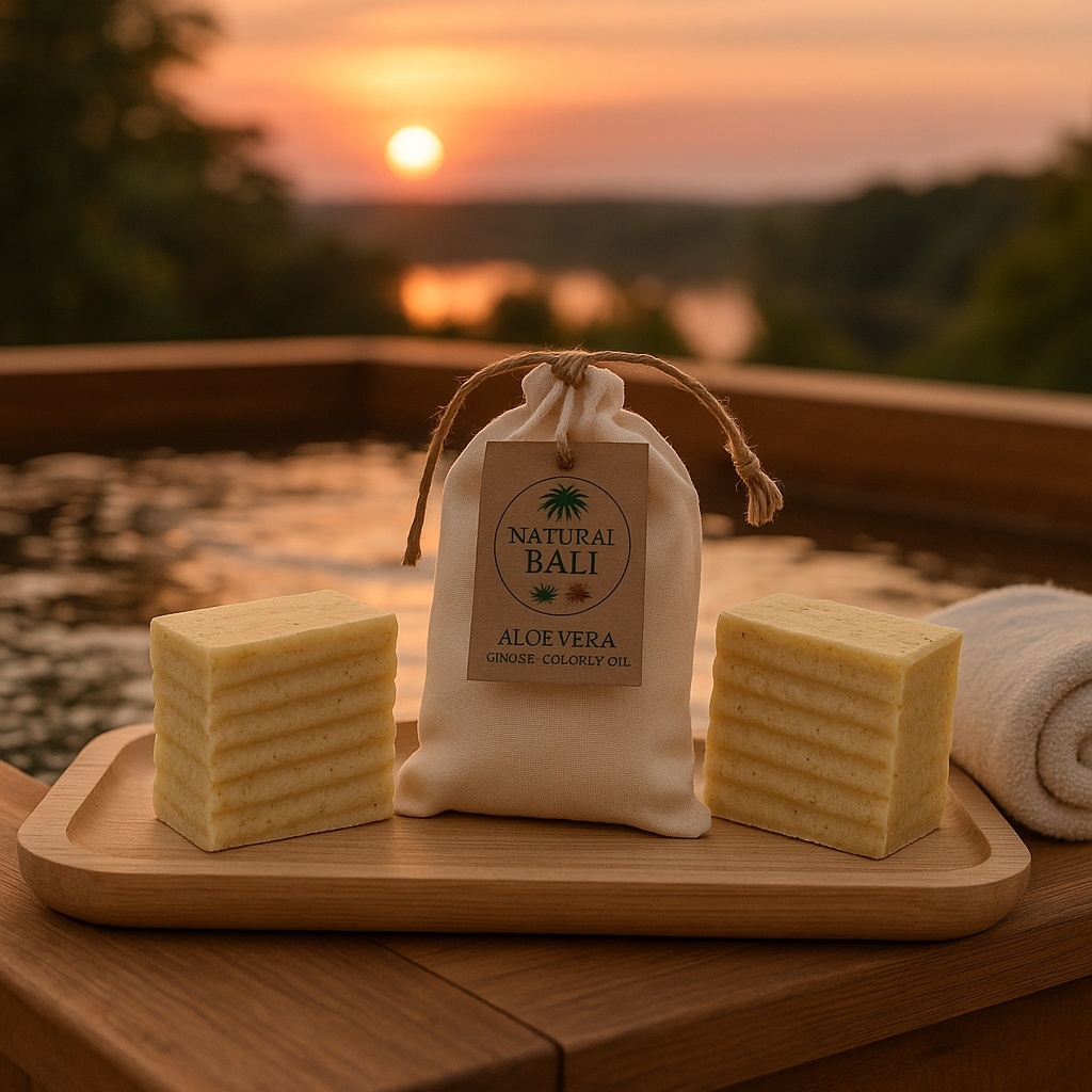 Sabun Herbal Natural Bali – Aloe Vera, Jahe & Minyak Kelapa + Kantong Lino versi 70 g