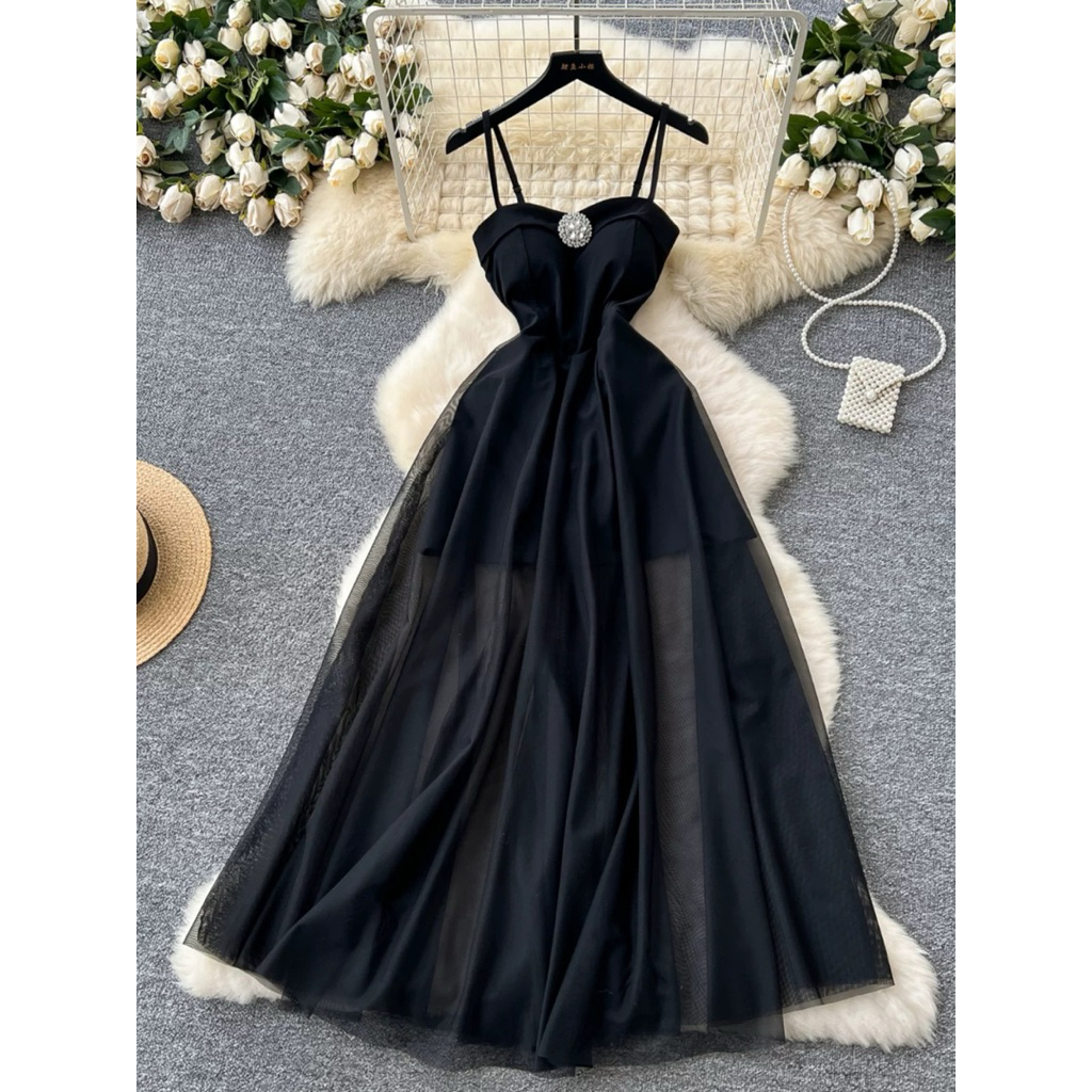 Dress pesta wanita korea gaun hitam