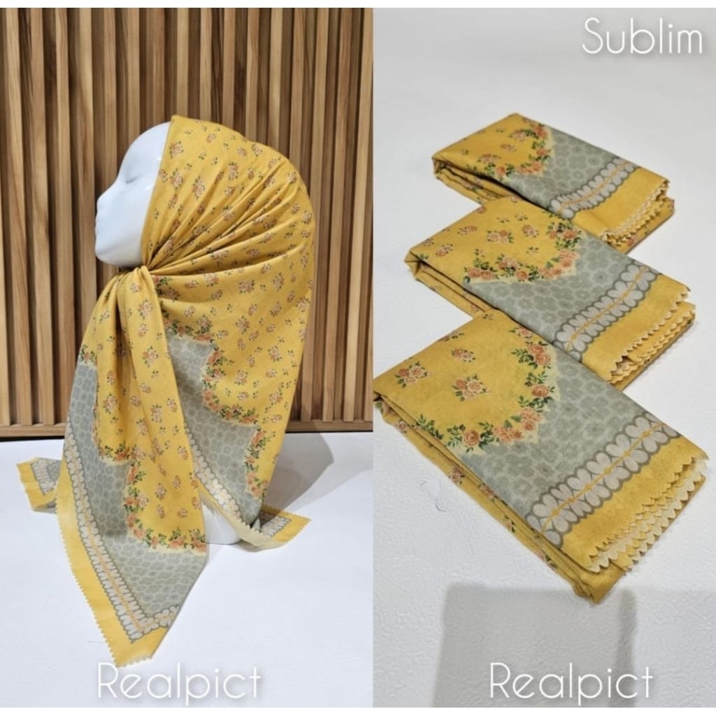 KERUDUNG SEGI EMPAT HIJAB VOAL MOYIF BUNGA KECIL KUNING LIS ABU