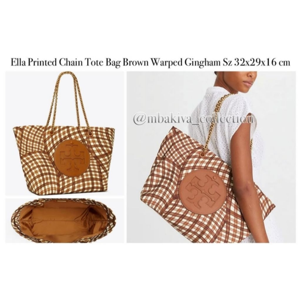 TB Ella Printed Chain Tote Bag Brown Warped Gingham