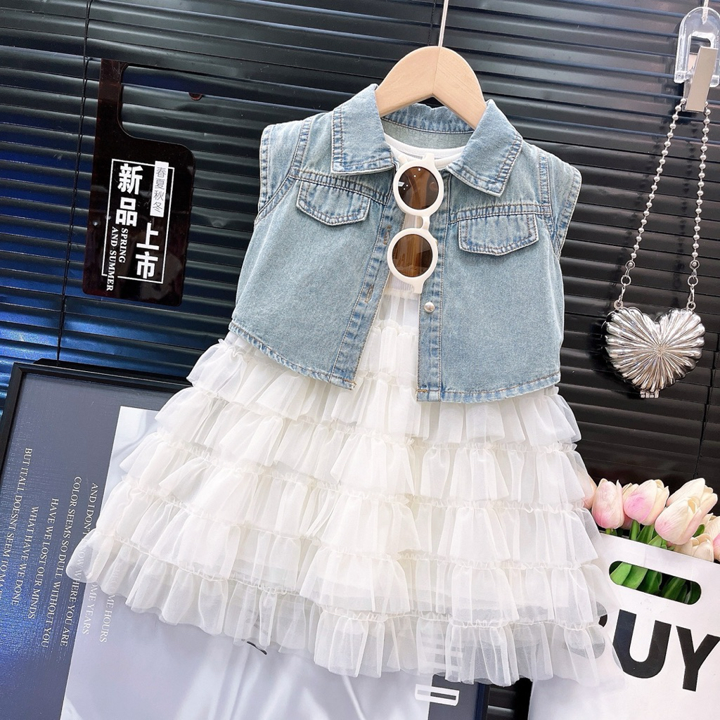 LUXICA 3-10 tahun stelan 2 in 1 outer denim dress tutu layer fashion Viral Anak Perempuan Termurah s
