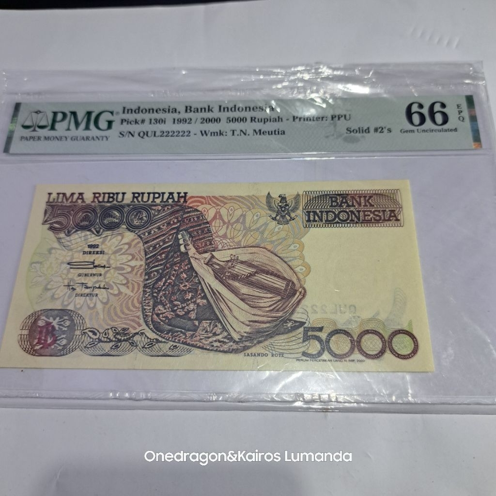 Uang Kertas Kuno 5000 Rupiah Sasando PMG 66 Nomor Cantik Solid 2