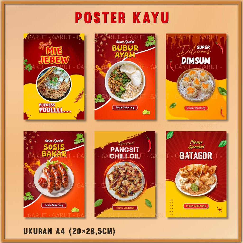 Hiasan Dinding Poster Kayu Menu Makanan Jajanan Kekinian poster mie jebew sosis bakar batagor siomay