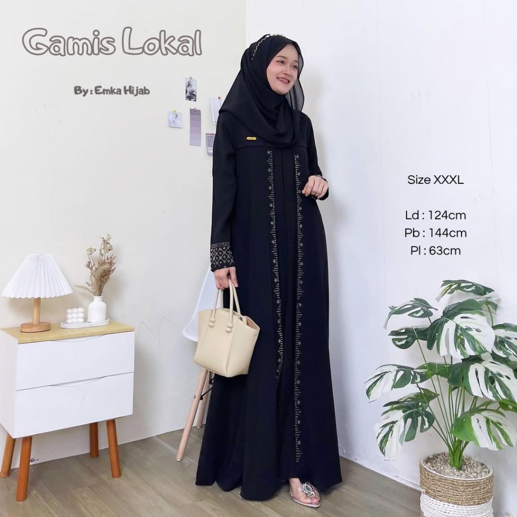 Gamis lokal warna hitam by emka hijab bahan ceruty