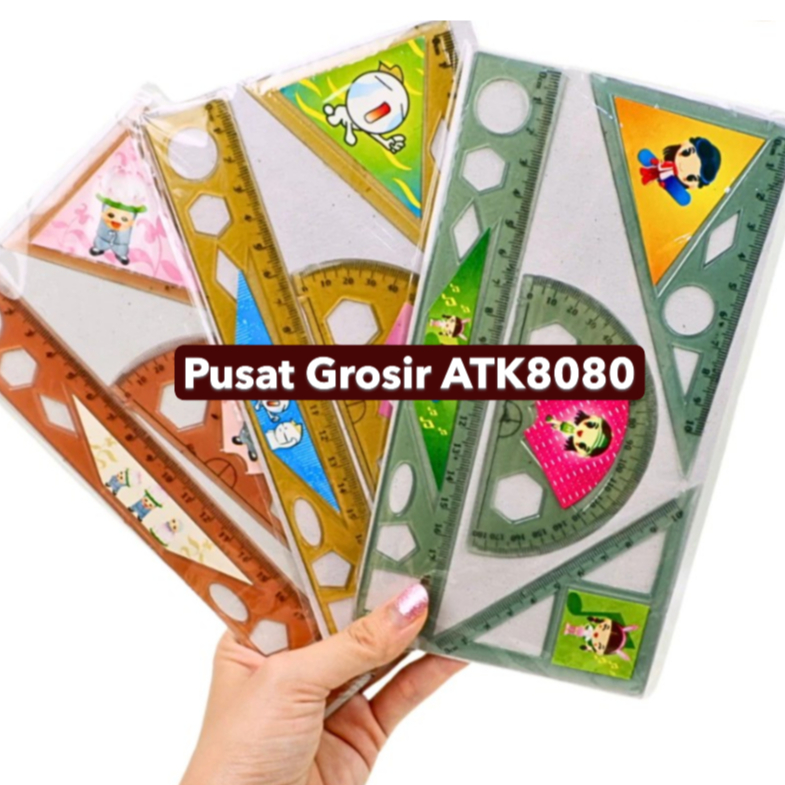 

[GROSIR-ATK] MURAH JUAL Penggaris Set Plastik Isi 4 Pcs. Garisan Busur Siku Siku Segitiga.