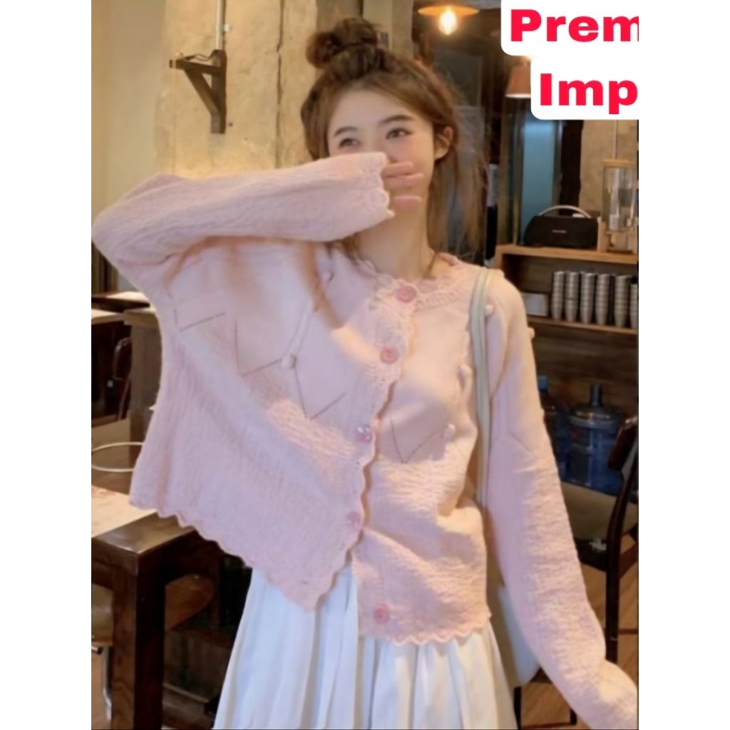 ‼️ SUPER SALE - READY - PREMIUM IMPORT ‼️ GRANIELLE COTTON BALL LONG SLEEVE BUTTON KNIT BLOUSE OUTER