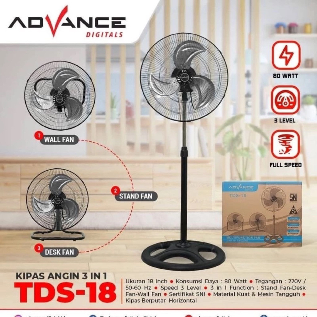 ADVANCE Kipas Angin 3in1 Stand Desk Wall Fan TDS18 TDS 180518inch 18” Kipas Angin Turbo Dinding Meja
