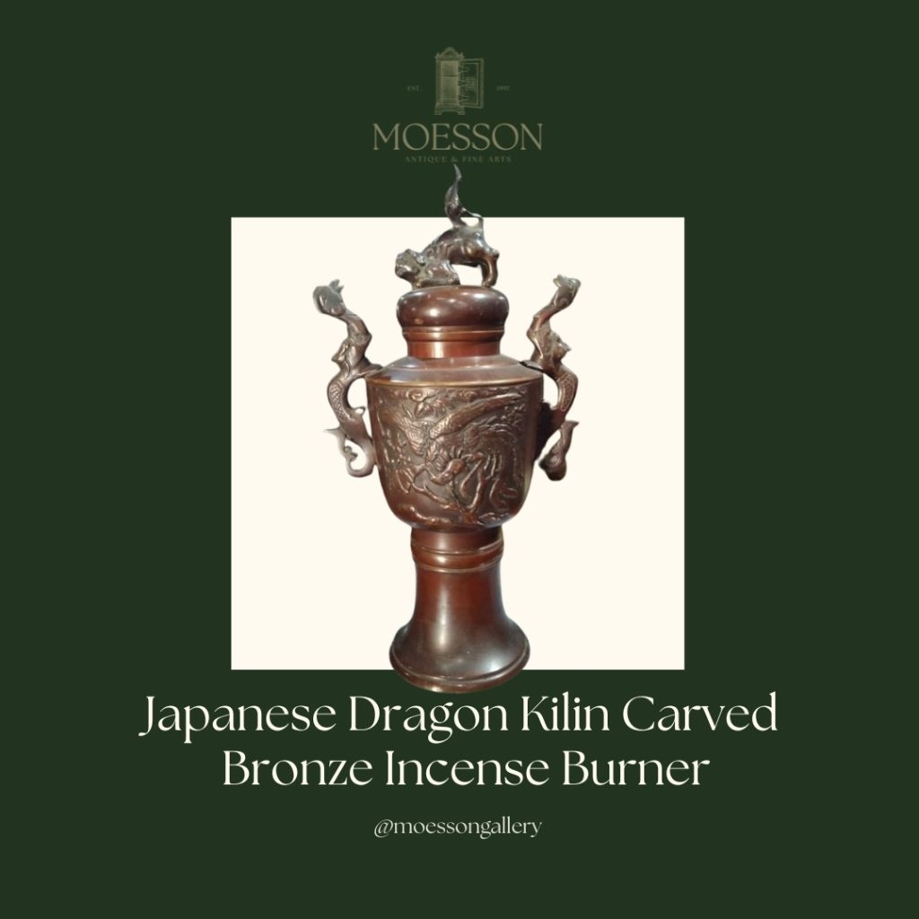 Tempat Dupa Perunggu Jepang dengan Ukiran Naga dan Kirin Lawas Jadul Tua