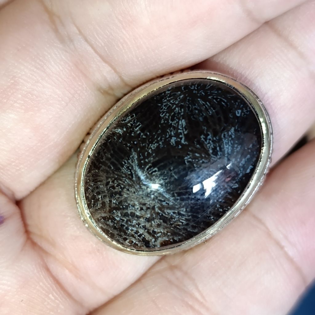 CA 96 Cincin Batu Akik Natural motif teratai Hitam Kembang Tembus Senter