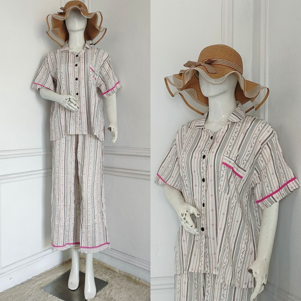 Piyama Wanita Garis-Garis Motif Bunga  |  SCP NIKITA | Setelan | SCP | Setelan Kekinian | One Set Ho
