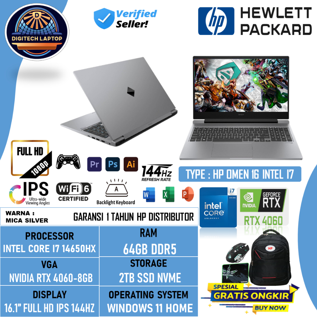 Laptop Gaming HP Omen 16 Intel Core i7 14650HX 64GB DDR5 2TB SSD RTX4060-8GB FHD IPS 144hz Win 11
