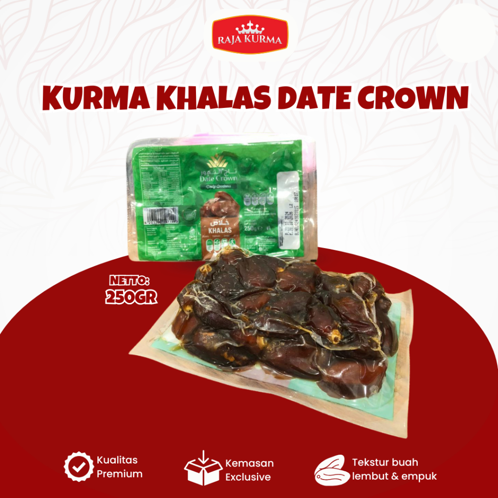 

Kurma khalas Date Crown vakum 250gr kualitas premium oleh oleh haji dan umroh