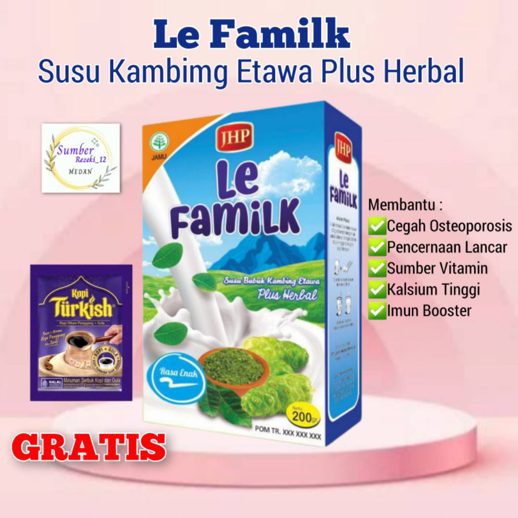 

LE FAMILK SUSU KAMBING ETAWA PLUS HERBAL MEMBANTU MENINGKAT DAYA TAHAN TUBUH MENGATASI ASMA ASAM LAMBUNG TBC BRONKITIS DAN PARU PARU ASAM URAT SARAF KEJEPIT