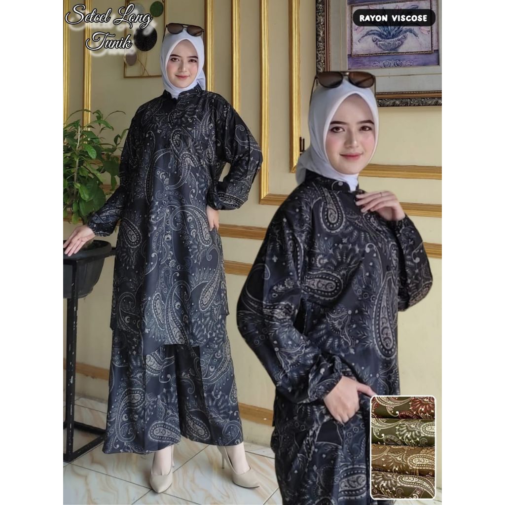 Setalan Wanita Long Tunik  Satu Set Baju Dan Celana Kulot Bahan Rayond Diamond Mix Crinkle Airflow