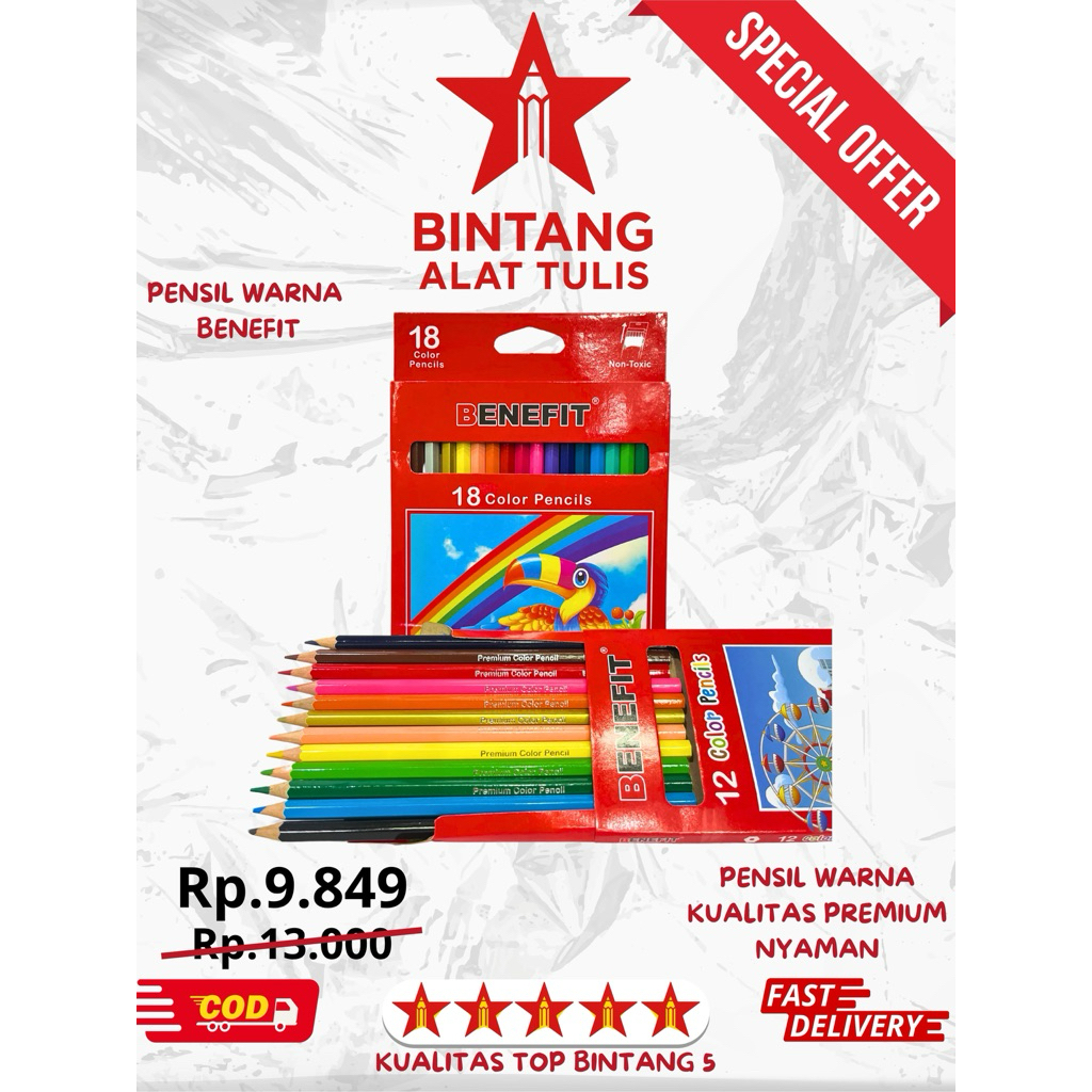 

Pensil Warna Benefit 12 & 18 Warna | Pensil Warna Anak TK SD | Warna Cerah Tidak Mudah Patah