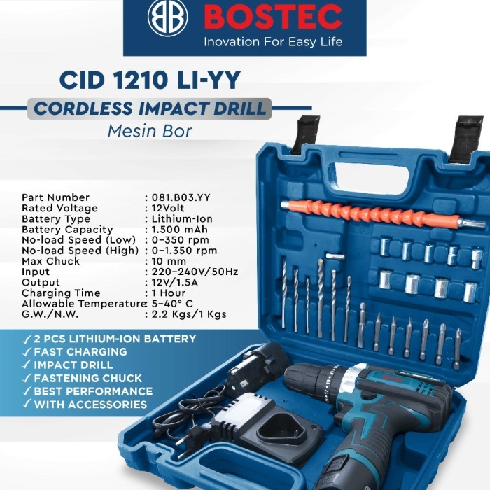 MESIN BOR CORDLESS BOSTEC CID 1210 LI YY / Bor cas / Mesin Bor 10mm Lithium Kayu Besi Batre Cordless