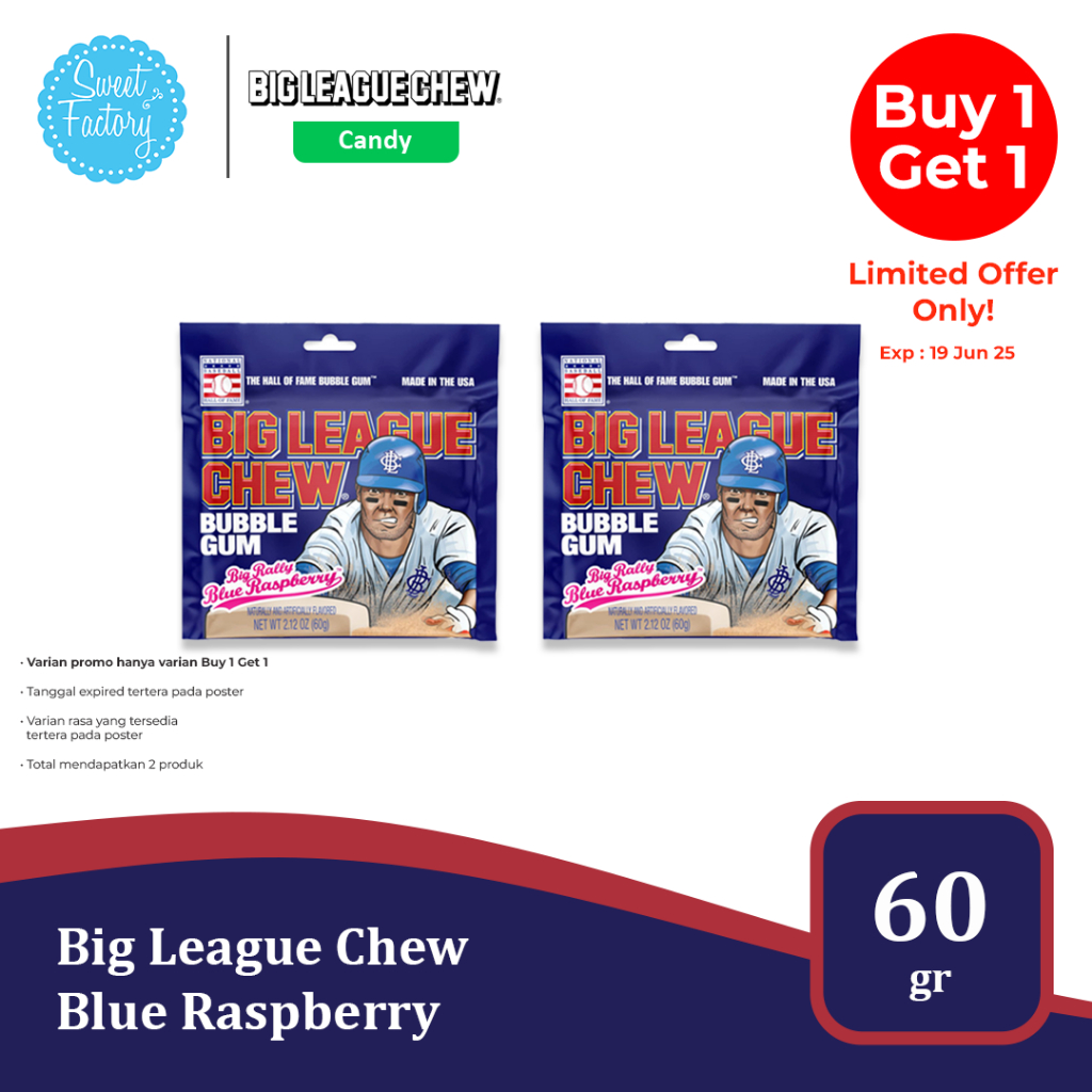 

Big League Chew Bubble Gum 60gr / 2.12 oz – Permen Karet Serut Rasa Buah USA