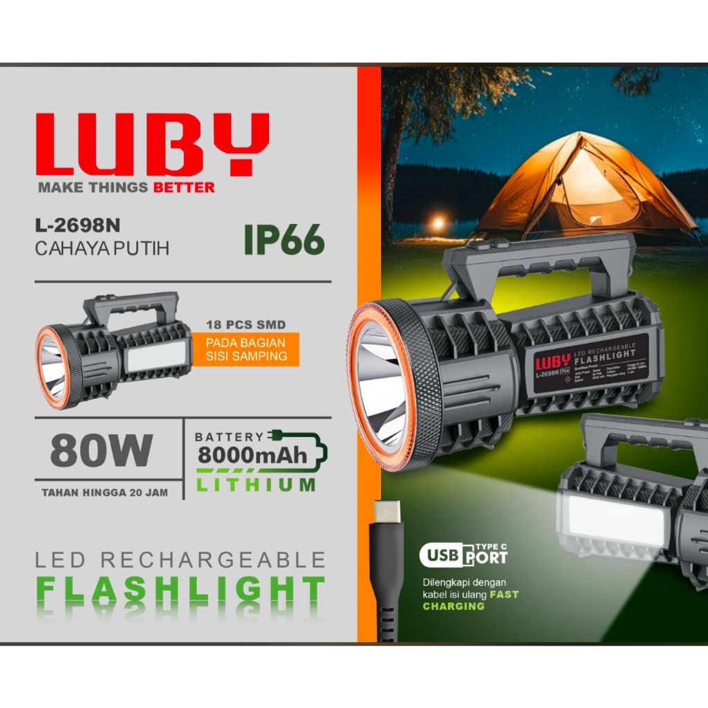 LUBY Senter Besar Luby 80W L2698N IP66 / Senter Cas Charge Luby 80 Watt L-2698N IP 66 Led Rechargeab