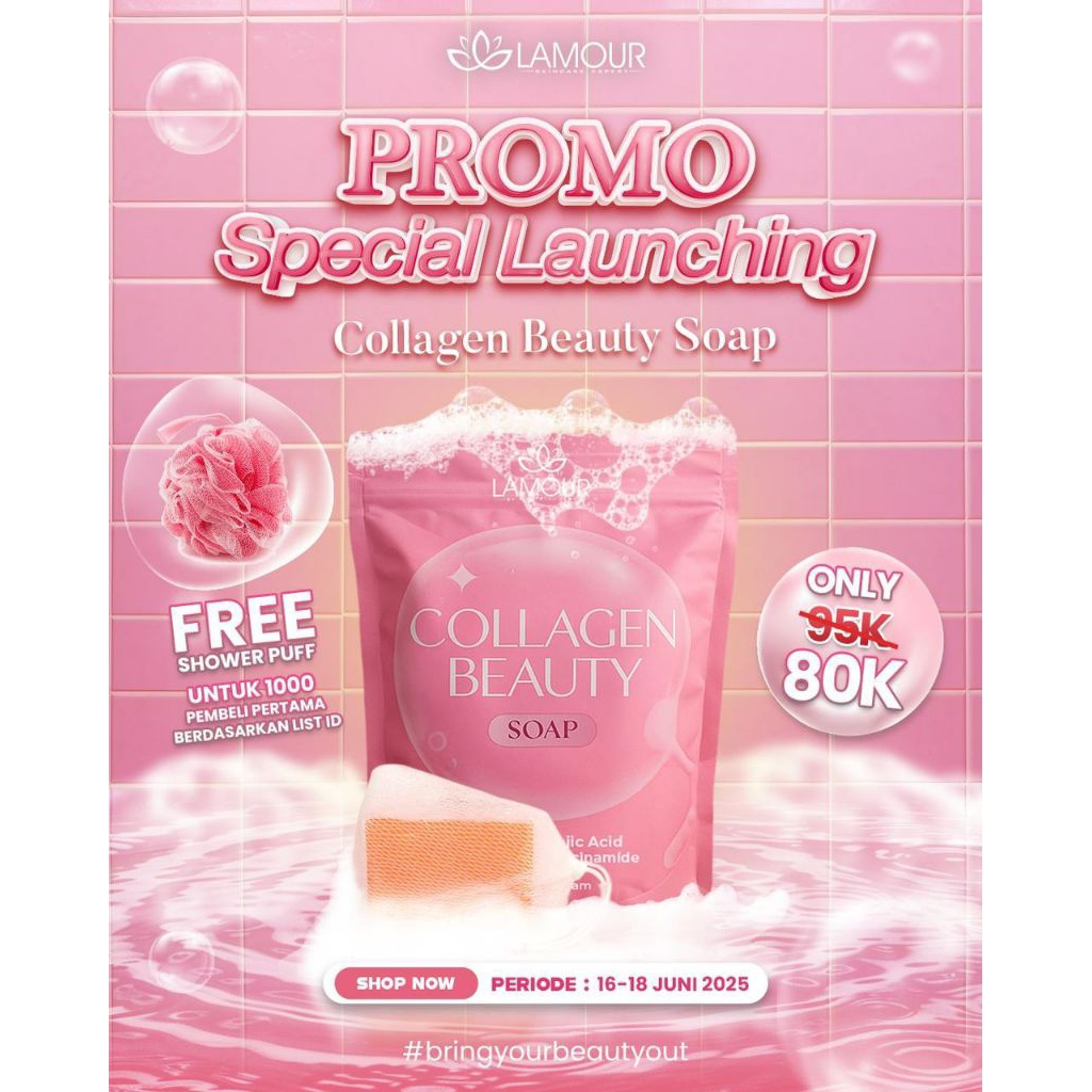 COLLAGEN BEAUTY SOAP LAMOUR | BAR SOAP | SABUN PENCERAH | Free Shower Puff