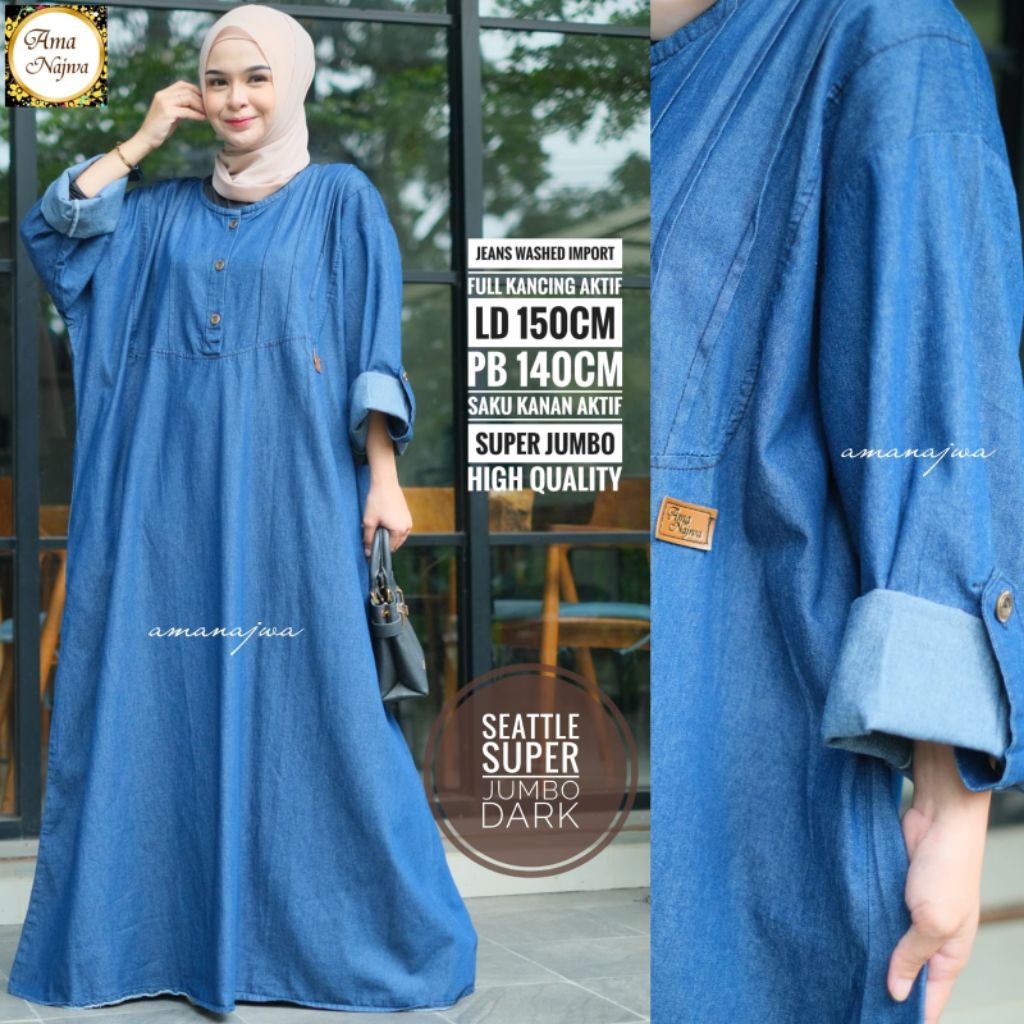 Gamis Jeans Wanita Super Jumbo Big Size Dress LD 150 Bahan Jeans Washed