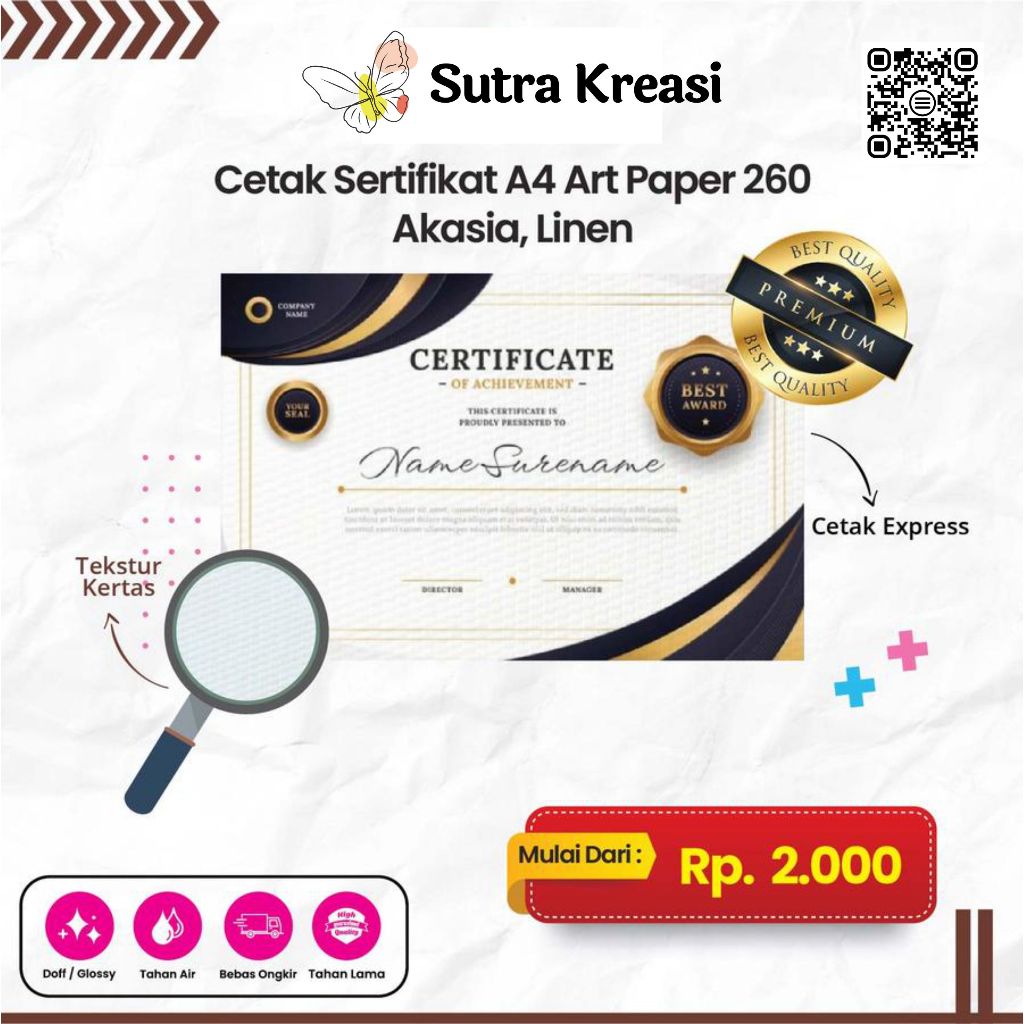 

Cetak Sertifikat A4 bahan premium art papper 260gsm, Linen, Akasia