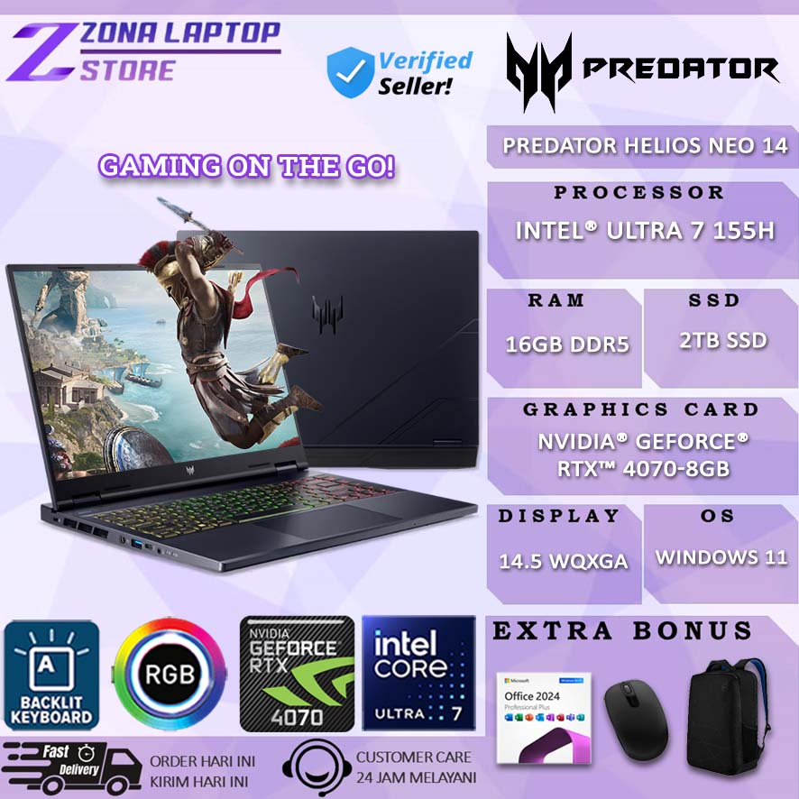 Laptop Gaming Acer Predator Helios Neo 14 PHN14-51 RTX 4070 8GB Intel Ultra 7 155H 16GB 1TB SSD RGB