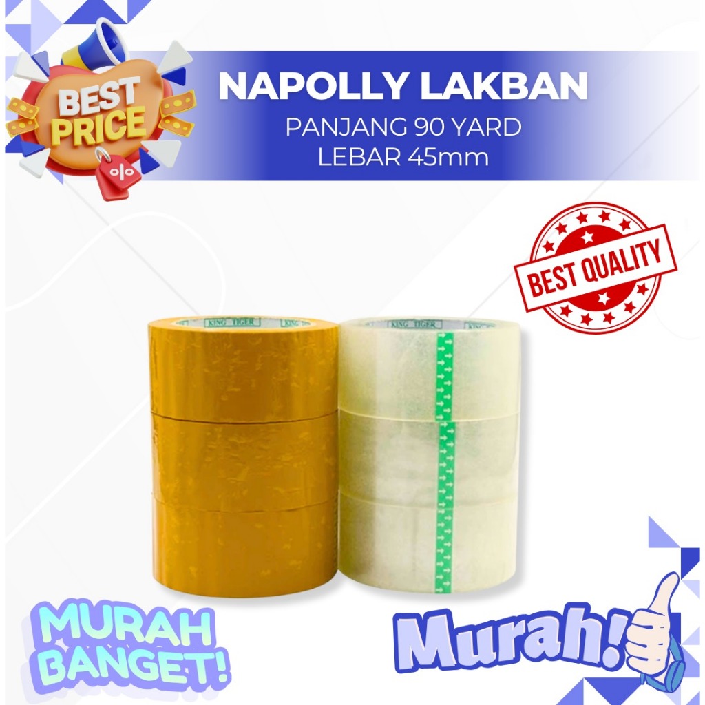 

Lakban Bening Coklat Napolly 90 Yard 45mm Perekat Kuat untuk Packing 1 dus / 72 pcs