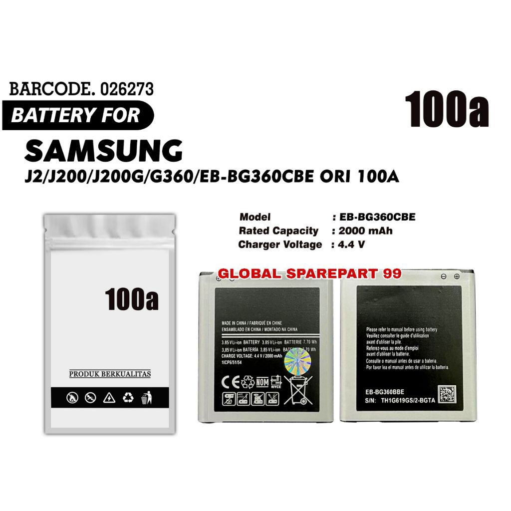 BATERAI (EB-BG360CBE) SAMSUNG GALAXY J2 J200 J200G G360 ORI 100A BATERAI BATTERY BATRE