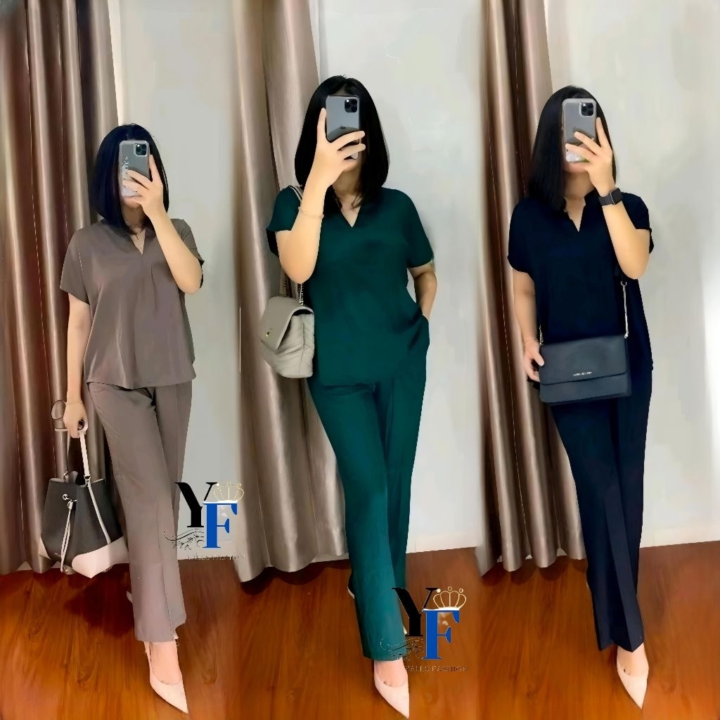 One Set Rayon Polos Lengan Pendek | Stelan Dinda Bahan Rayon Santung Premium Wanita terkini