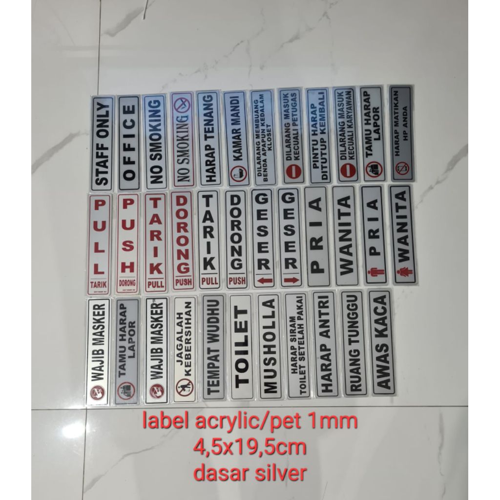 

Pet/Acrylic label 1mm dasar silver 4,5x19, 5,Tarik, Dorong, Geser, Pria, Wanita Dll