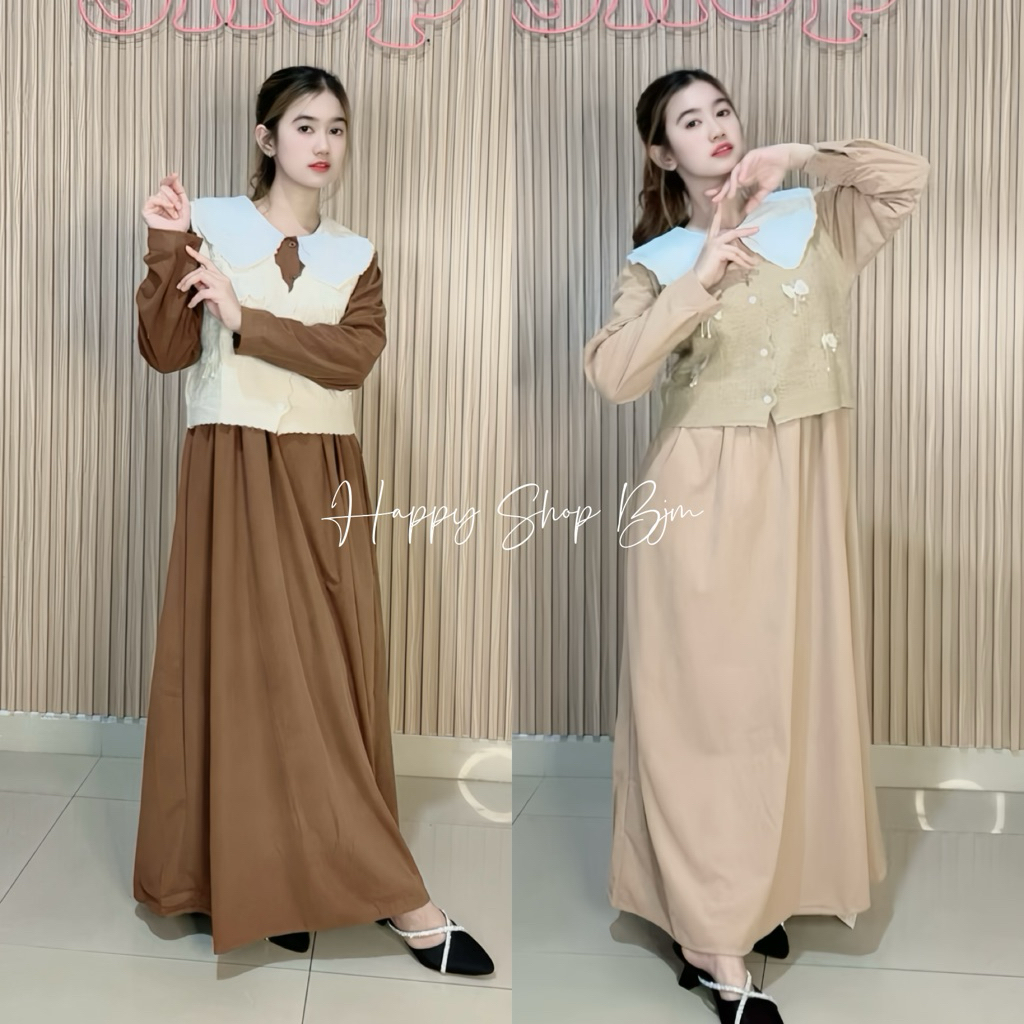 GAMIS MIDI DRESS 9015-3# KERAH RENDA BORDIR 2 IN 1 WITH VEST RAJUT PITA MUTIARA SOFT CODORAY SUPER C