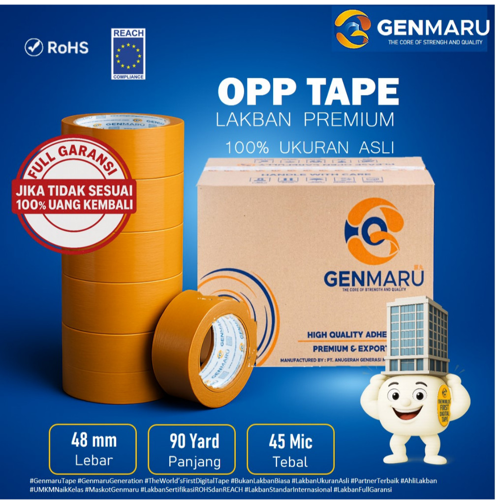 

Genmaru Opp Tape Lakban Coklat / Tan 48mm x 90 Y x 45 Micron 1 Dus 72 rolls Full Garansi