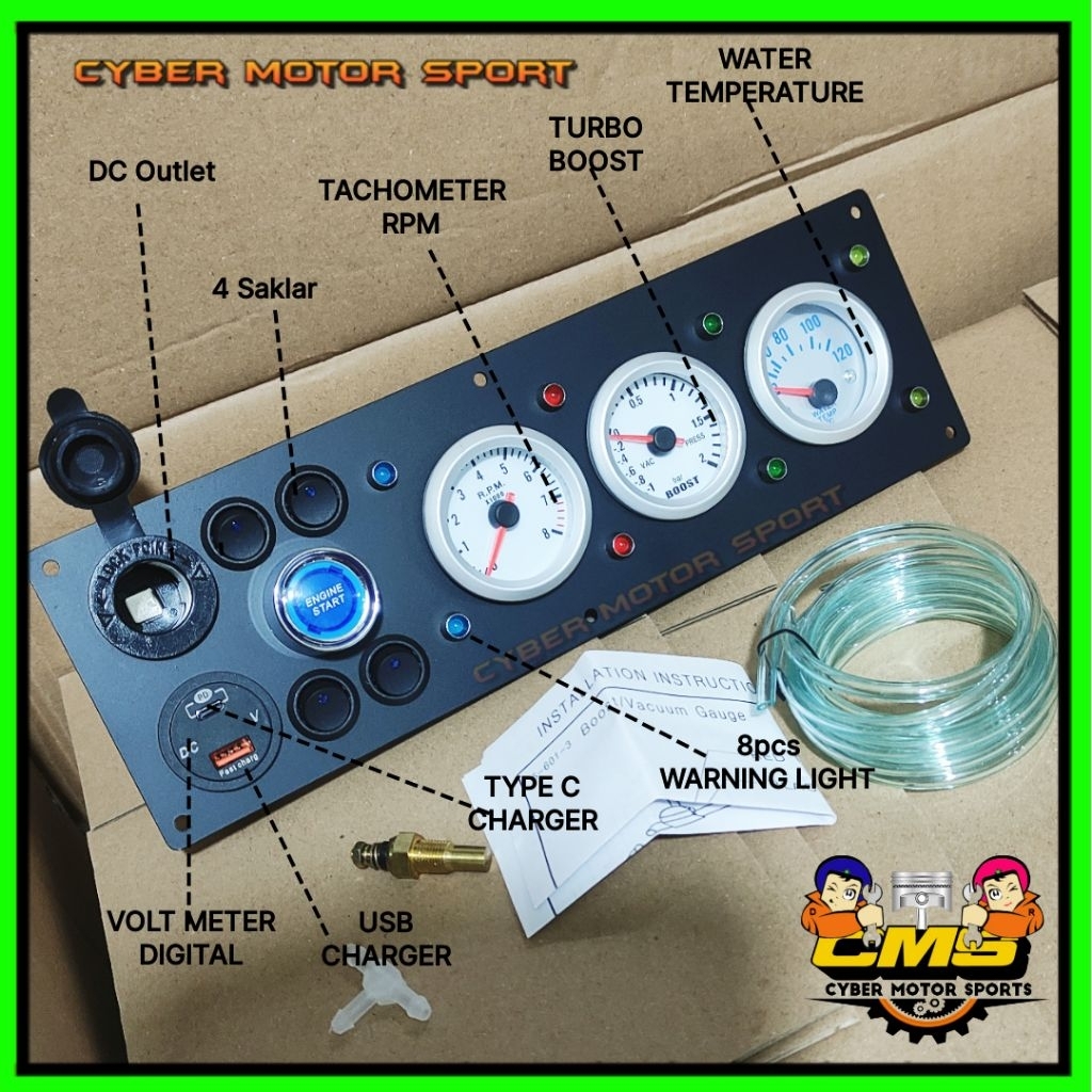 dashboard gauge universal 12v indikator mobil Tachometer rpm water temp turbo boost meter volt engin
