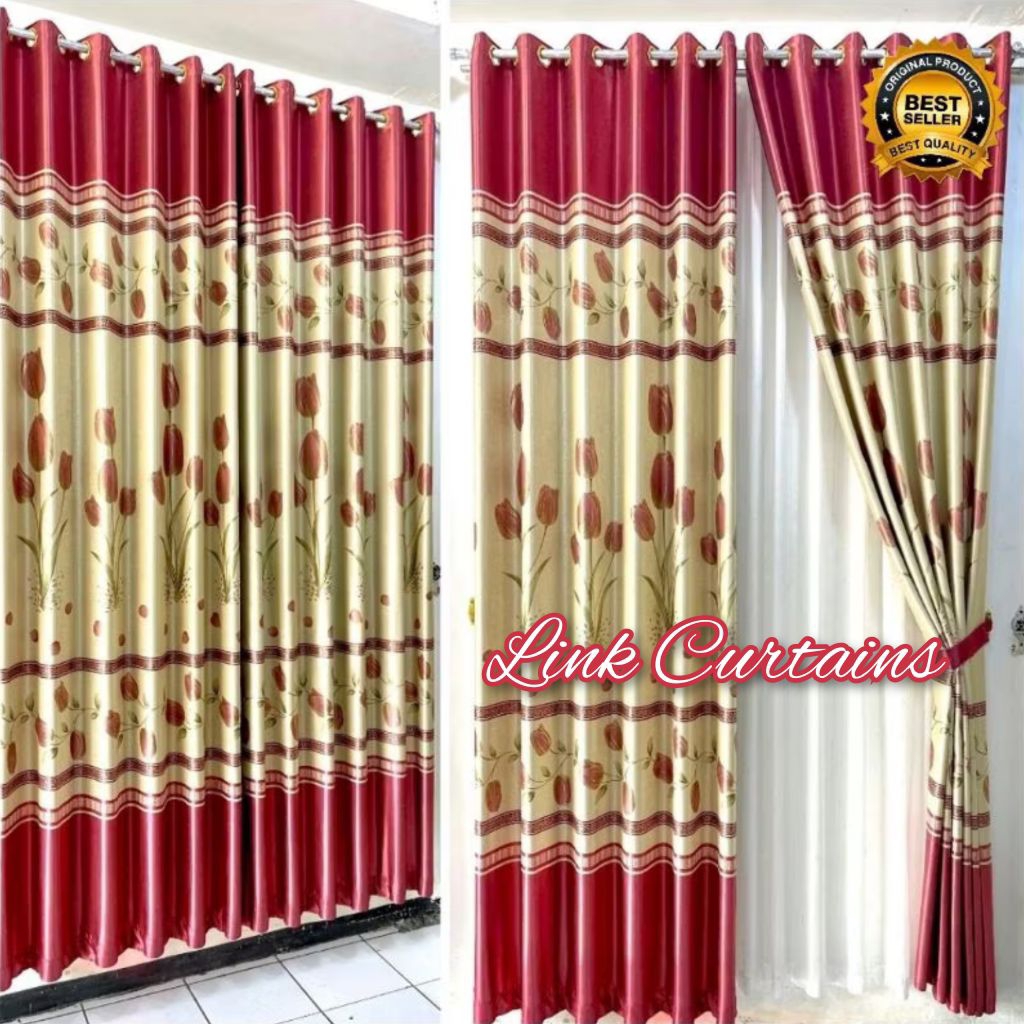 Gorden Pintu Rumah Gorden Model Smokring Motip Bunga Tulip Warna Merah Gold Coklat Ungu Bahan Blacko