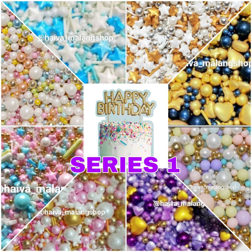 

Series Sprinkle 1 / Pink, Ungu, Biru, Pastel, Golden Night, Bintang / Aneka Spikel / Tirmit / Hiasan Tart / Cup Cake 10gr