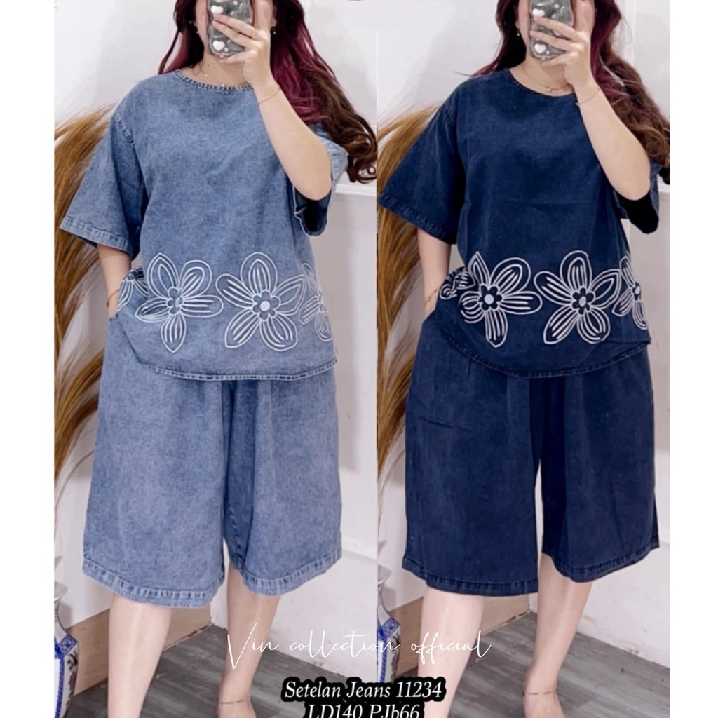 11234 SETELAN HP JEANS JUMBO LD140 BORDIR BUNGA WANITA|SETELAN BIGSIZE|SETELAN LD140|ONE SET JEANS|S