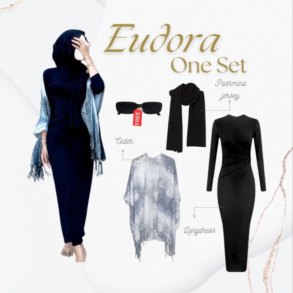 Outfit 3in1 Pantai | longdress Hitam Outer Akar Putih Pashmina Kacamata | Kekinian Hijab OOTD OJ36